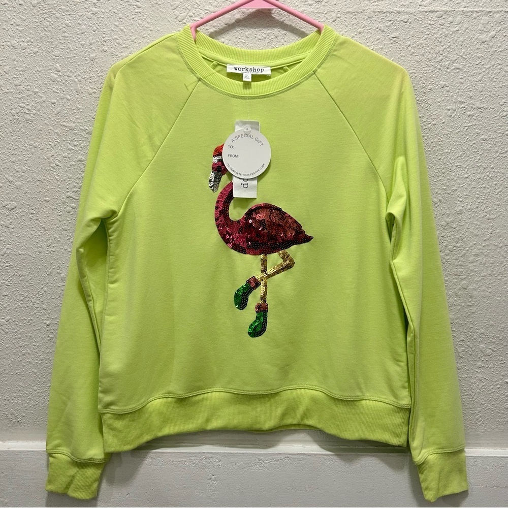 Workshop by Republic Clothing Lime Green Christmas Sequin Flamingo Top NWT XS